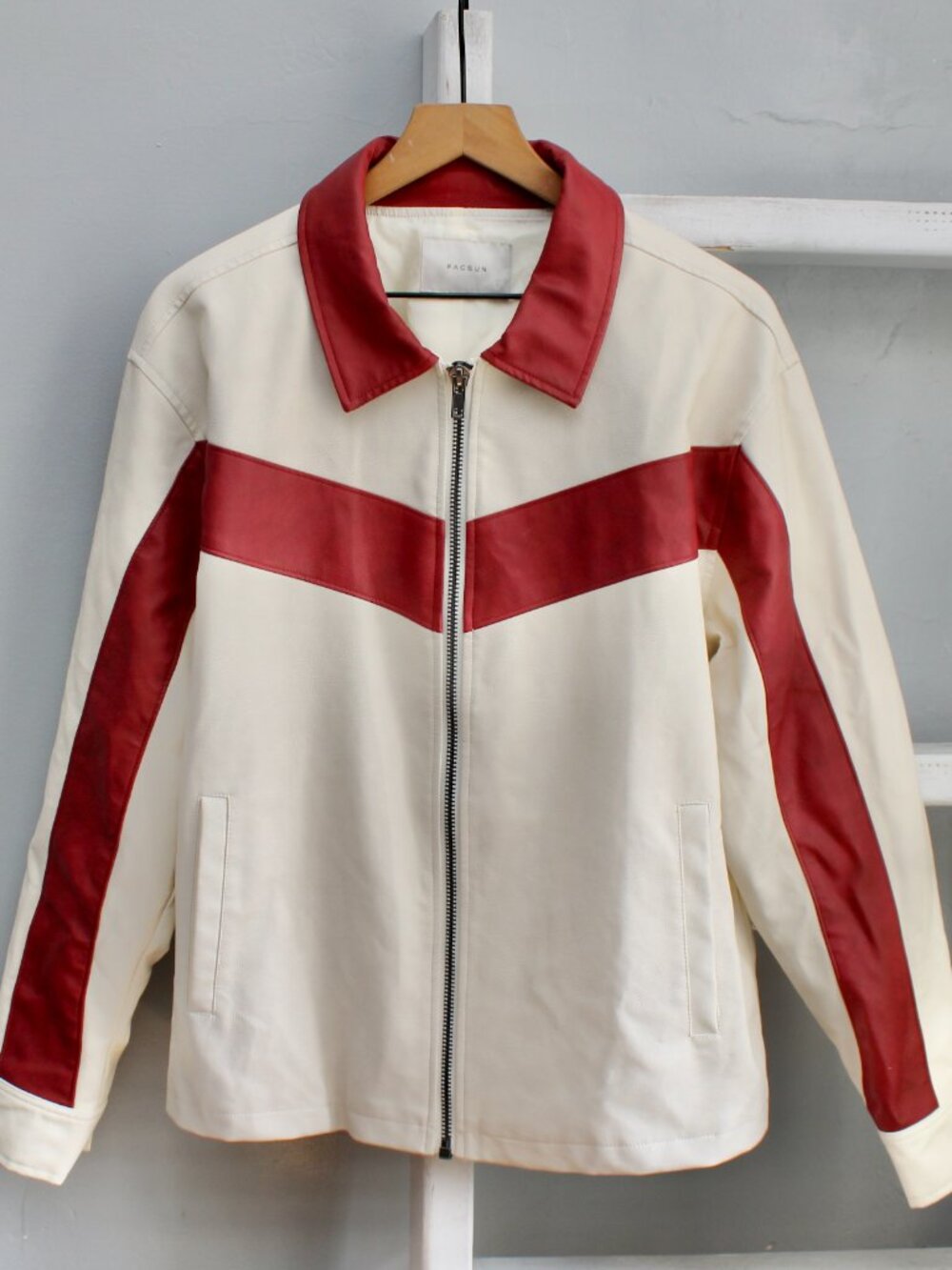 PacSun Colorblocked Striped Faux Leather Jacket Cream Red Size Medium